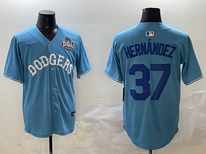 Men Los Angeles Dodgers 37 Hernandez Light Blue Joint Name 2025 Nike MLB Jersey style 5